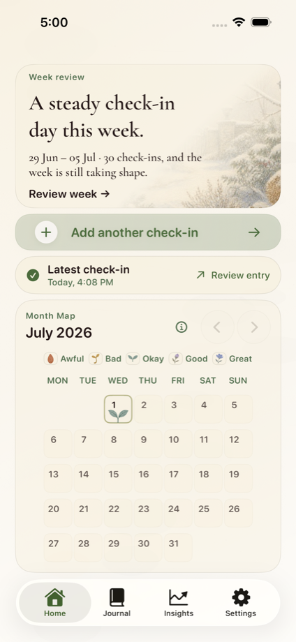 Tendi Home screen showing a weekly mood takeaway and Month Map calendar.